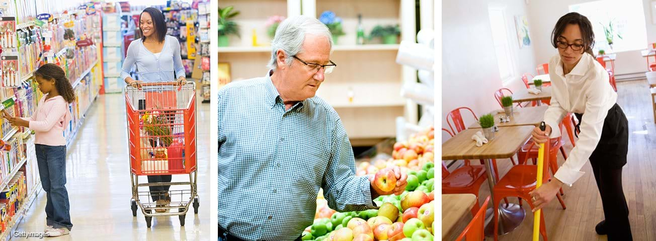 Photo collage of a woman grocery shopping with child, an elderly man choosing apples, and a working woman mopping the floor.