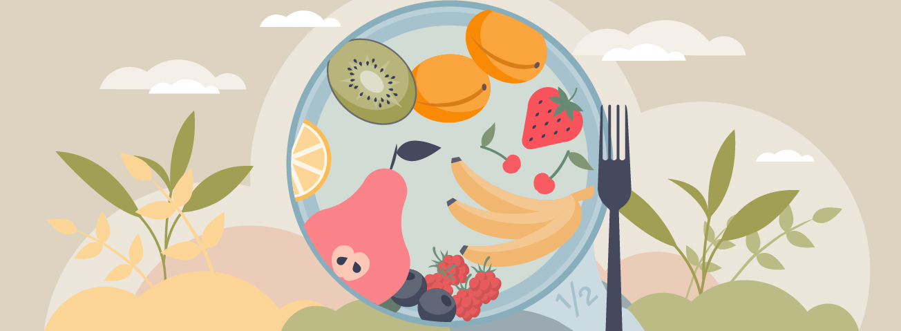 Graphic of peaches, bananas, kiwi, berries, and other fruits on a plate.