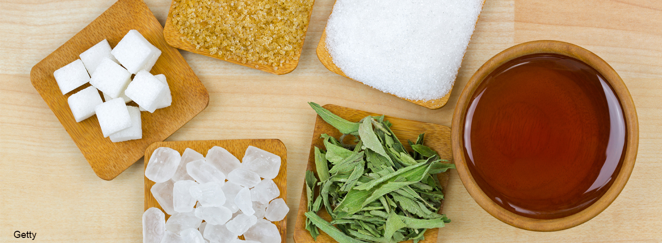 Sugar cubes, brown sugar crystals, granulated white sugar, rock sugar, stevia, honey