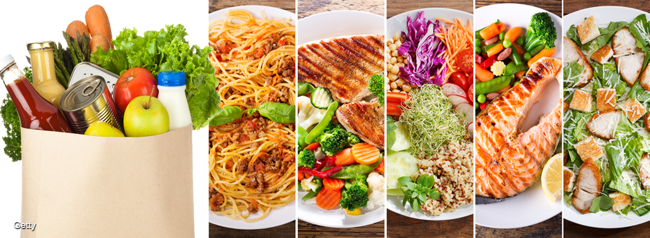 Photo collage: Bag of groceries and various plates of food