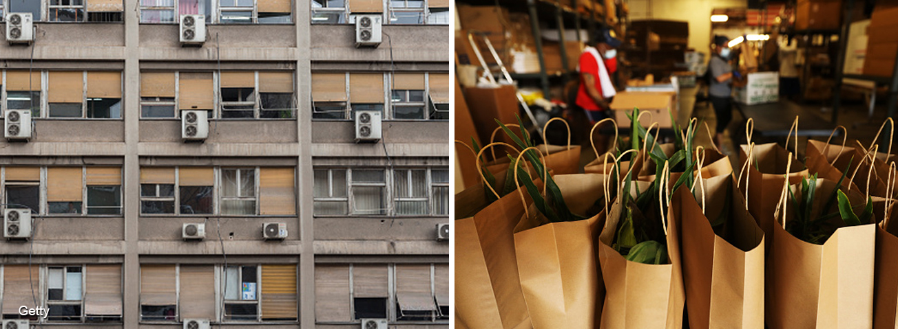 Apartment building and food bank grocery bag