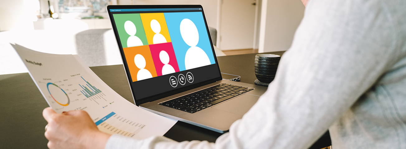 Woman at desk with laptop open to a graphically designed group call