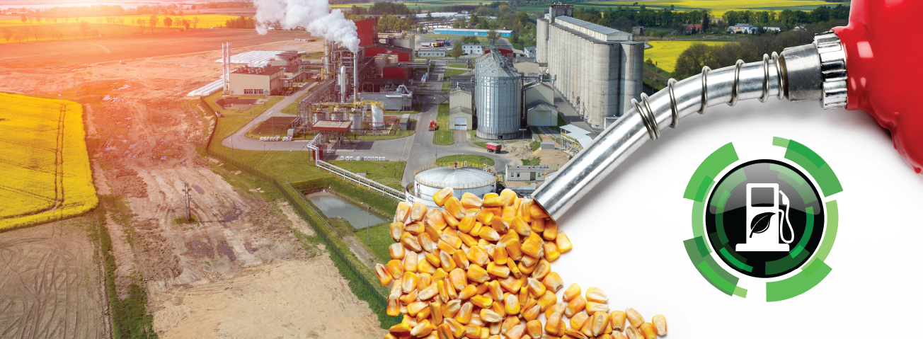 Graphic depicting corn coming out of a gasoline pump with a refinery in the background