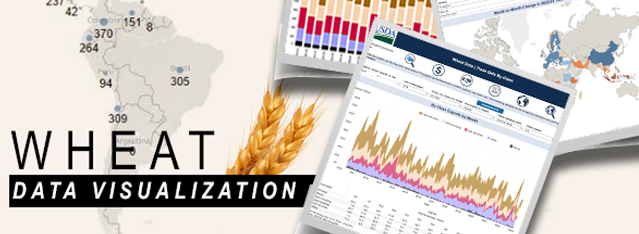 Illustration of wheat data visualization tool with map in background.