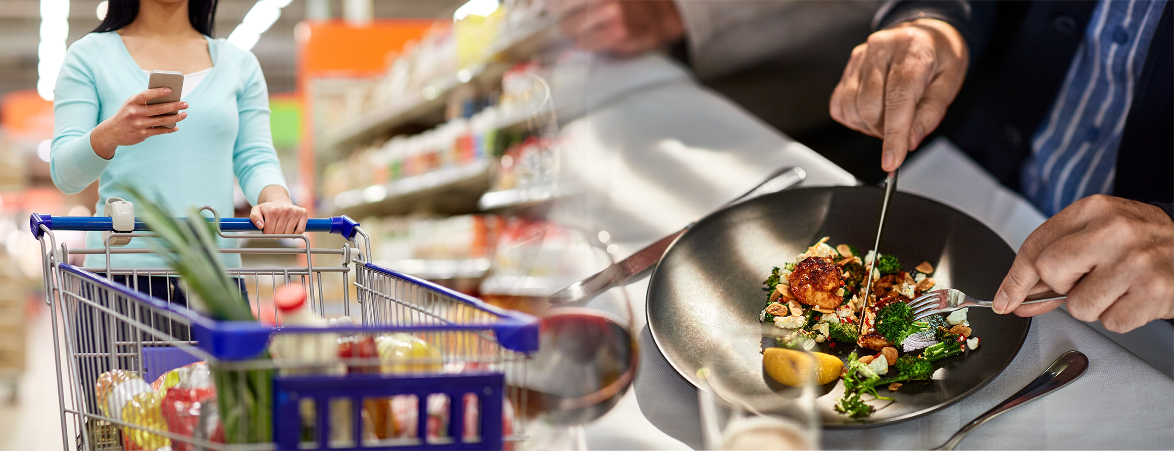 Photo illustration of woman pushing a shopping cart and a man eating a meal.