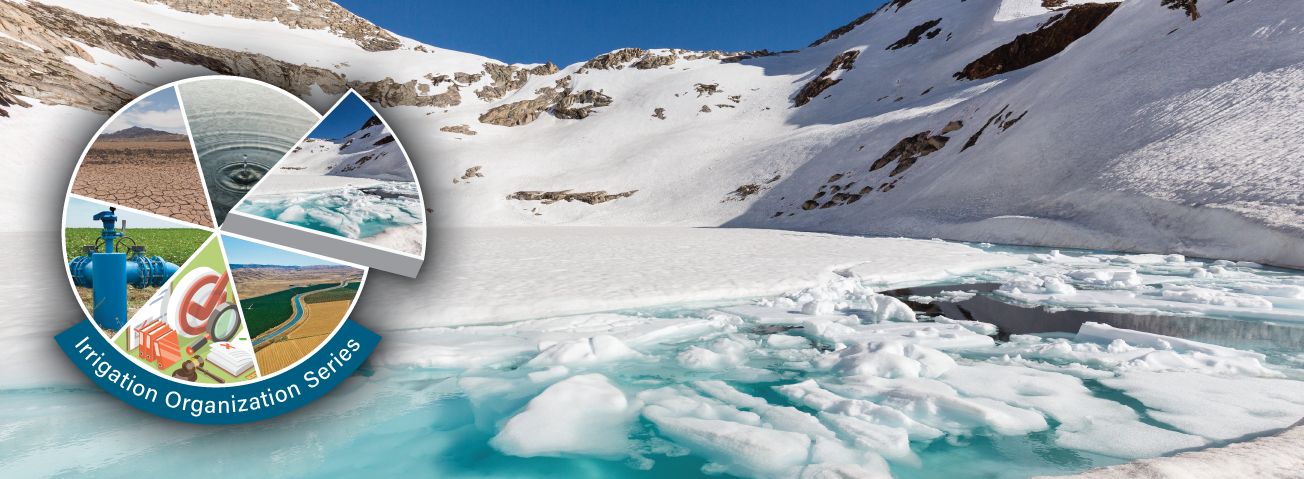 Background photo of snowy mountains and melting ice with six-wedge pie graphic in foreground depicting facets of irrigation.