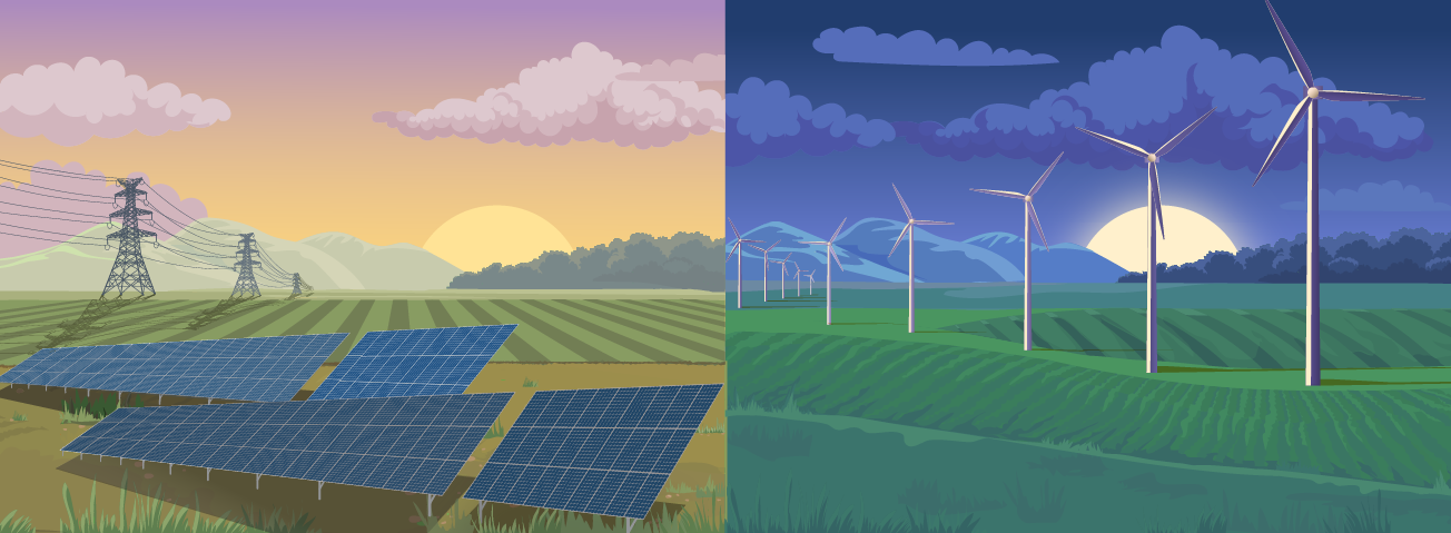 Illustration of solar panels and wind turbines on farms.