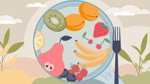 Graphic of peaches, bananas, kiwi, berries, and other fruits on a plate.