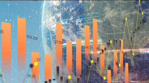 Globe with icons showing markets and trade movement around and above it.