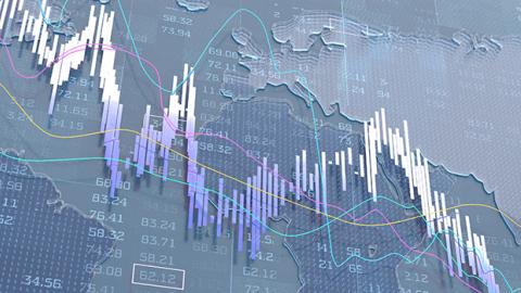 A global map overlaid with market trend lines and numerical data