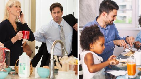 Photo 1: Family breakfast scene, children eating but mom and dad skipping; Photo 2: Family sitting down and having breakfast