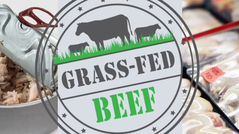 Composite graphic showing Grass-fed Beef label, can of tuna, packaged chicken