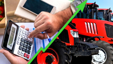 Combination of photos of farmer with calculator and new farm equipment