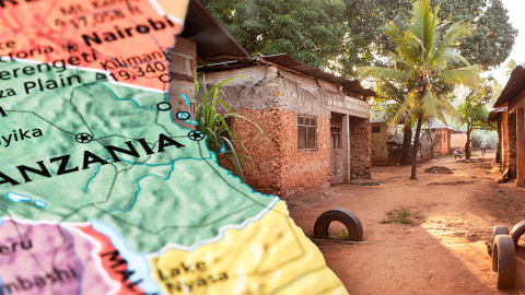 Photo image with map of Tanzania and homes in a Tanzanian village