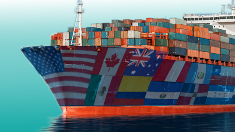 Photo image in which flags of U.S. free trade agreement partners are superimposed on a container ship. 