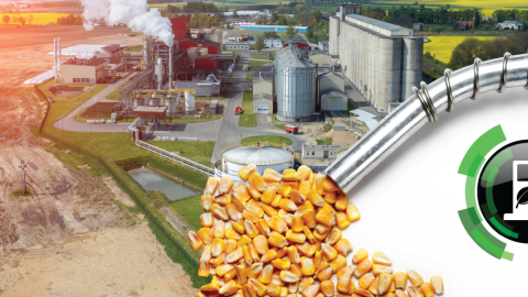 Graphic depicting corn coming out of a gasoline pump with a refinery in the background