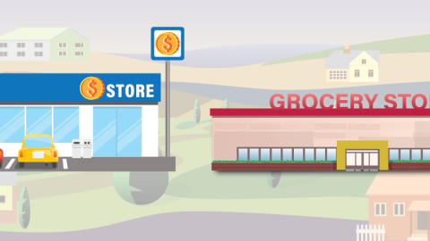 Graphic depicting a dollar store next to a grocery store.