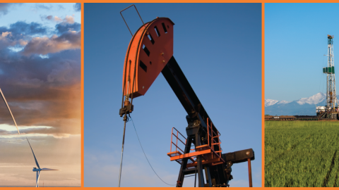 Photo collage showing various types of farmland energy production.