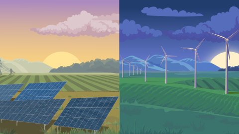 Illustration of solar panels and wind turbines on farms.