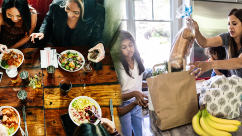 Photo collage of a group of women dining at a table and a family putting groceries away.