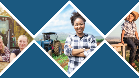 Triptych of photos depicting female, Asian, and Hispanic farmers.