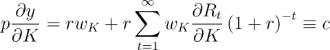 Equation: p\frac{\partial{y}}{\partial{K}}=r{w}_{K}+{r}\sum_{t=1}^{\infty}{w}_{K}\frac{\partial{R}_{t}}{\partial{K}}\left(1+r\right)^{-t}\equiv c