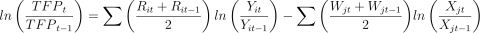 Equation: ln\left(\frac{{TFP}_t}{{TFP}_{t-1}}\right)=\sum{\left(\frac{R_{it}+R_{it-1}}{2}\right)ln\left(\frac{Y_{it}}{Y_{it-1}}\right)-\sum{\left(\frac{W_{jt}+W_{jt-1}}{2}\right)}}ln\left(\frac{X_{jt}}{X_{jt-1}}\right)