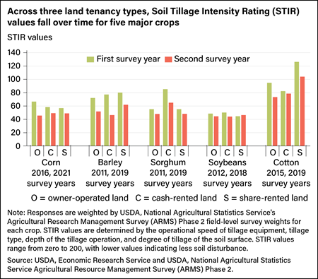 Bar chart comparing Soil Tillage Intensity Rating (STIR) values for corn, barley, sorghum, soy, and cotton crops on owner-operated, cash-rented, and share-rented land in two survey years.