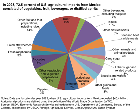 Pie chart showing that in 2023, 72.5 percent of U.S. agricultural imports from Mexico consisted of vegetables, fruit, beverages, or distilled spirits