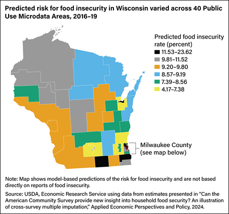 Map of the U.S. State of Wisconsin showing model-based predictions for food insecurity risk across 40 Public Use Microdata Areas, 2016–19.