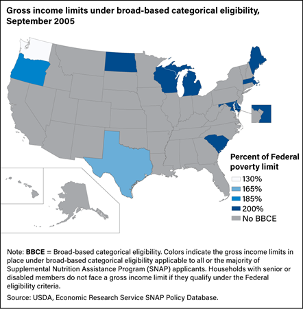 U.S. map showing Supplemental Nutrition Assistance Program (SNAP) gross income limits, by State, for September 2005