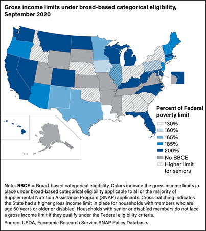 U.S. map showing Supplemental Nutrition Assistance Program (SNAP) gross income limits, by State, for September 2020