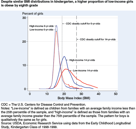 Despite similar BMI distributions in kindergarten, a higher proportion of low-income girls is obese by eighth grade