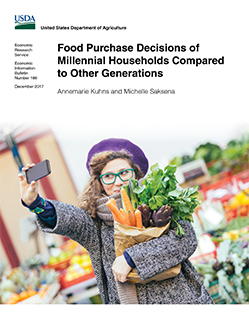 Millennial woman taking selfie in grocery aisle while holding bag of produce